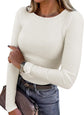 LUXEHAEVEN ANRABESS women long sleeve ribbed fitted top in cream color, styled with denim and a handbag.
