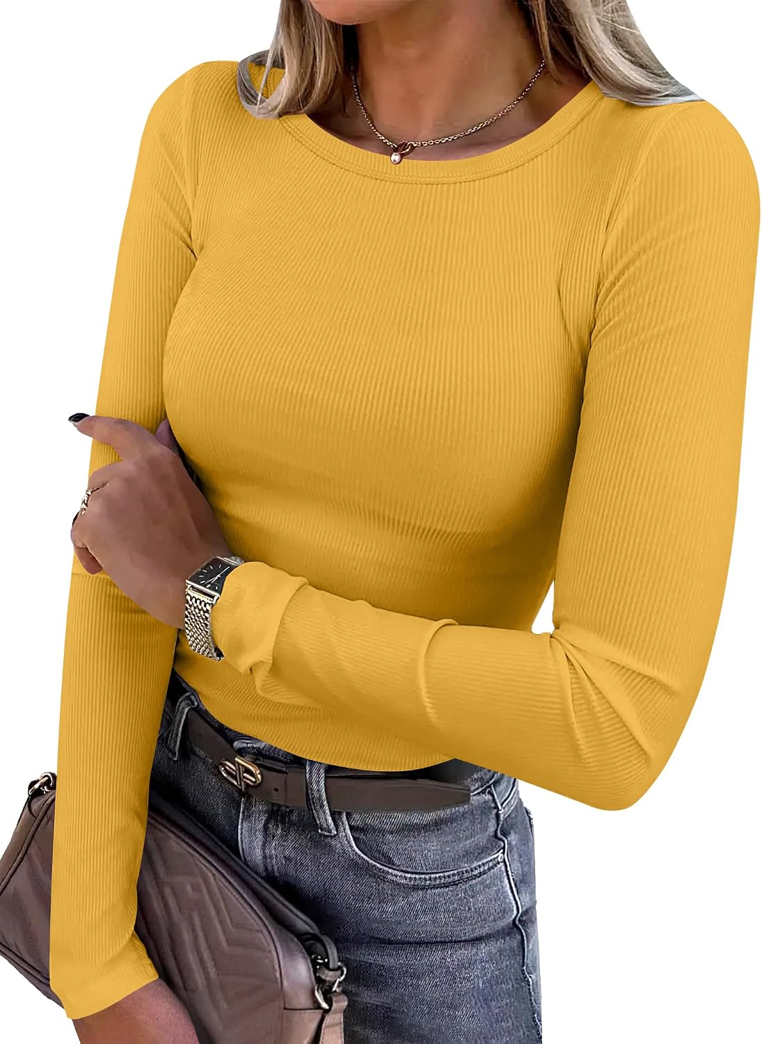 LUXEHAEVEN ANRABESS Women Long Sleeve Shirt in vibrant yellow ribbed fabric, stylish fitted top for casual wear.
