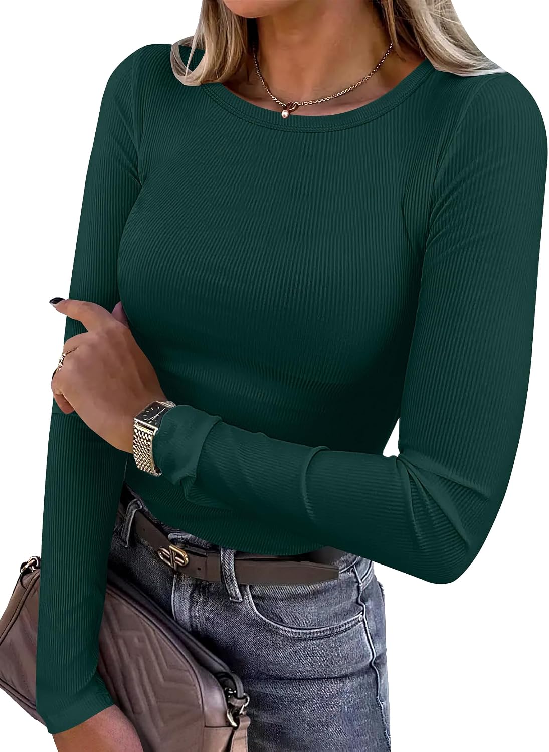LUXEHAEVEN ANRABESS women wearing a green ribbed fitted long sleeve shirt, showing a fashionable casual style.