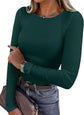 LUXEHAEVEN ANRABESS women wearing a green ribbed fitted long sleeve shirt, showing a fashionable casual style.