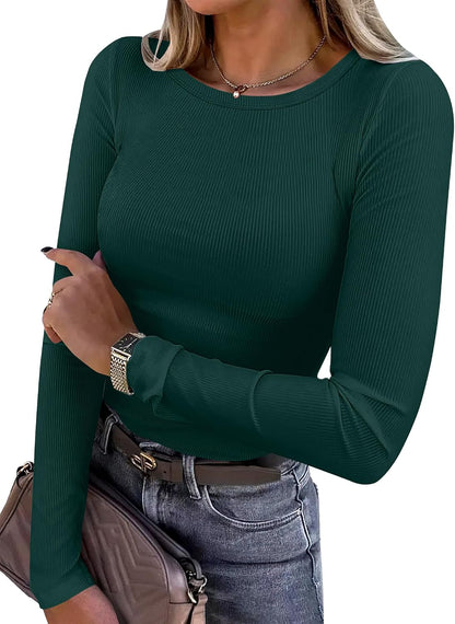 LUXEHAEVEN ANRABESS Women Long Sleeve Shirts Ribbed Fitted Tops in dark green with a stylish design.