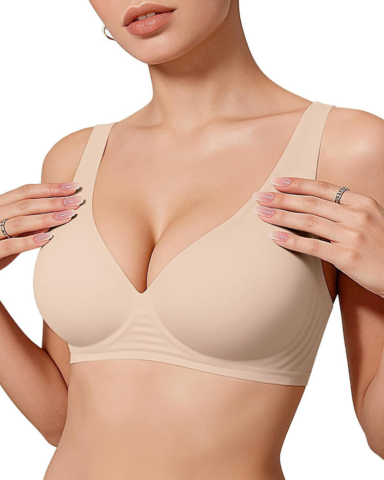 LUXEHAEVEN womens jelly bras wireless deep V bralette showcasing comfy push-up design in nude color.