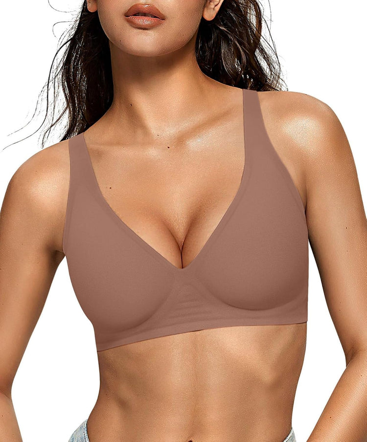 LUXEHAEVEN Womens Jelly Bras Wireless Deep V Bralette Comfy Push Up Tshirt Bra in brown color