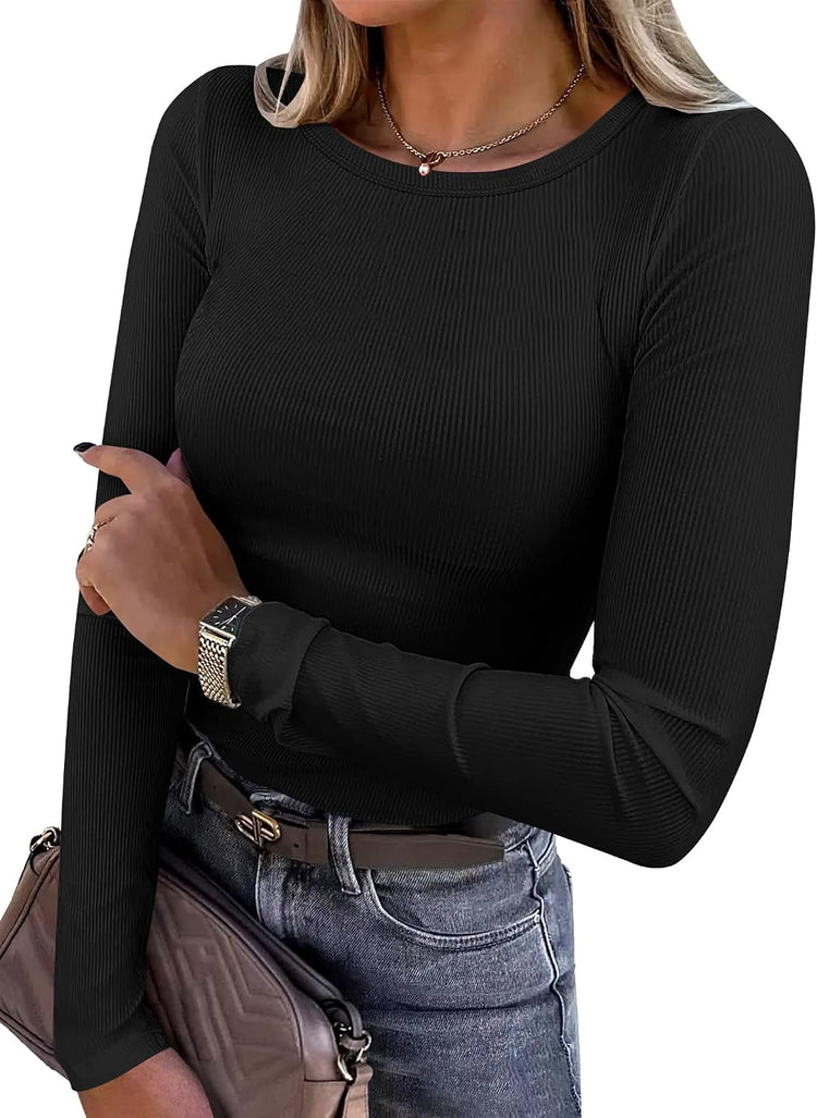 LUXEHAEVEN ANRABESS women wearing a black ribbed long sleeve fitted shirt, styled with accessories.
