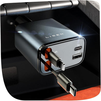 LUXEHAEVEN Retractable Car Charger, 84W Car Charger USB C Fast Charge, 4 in 1