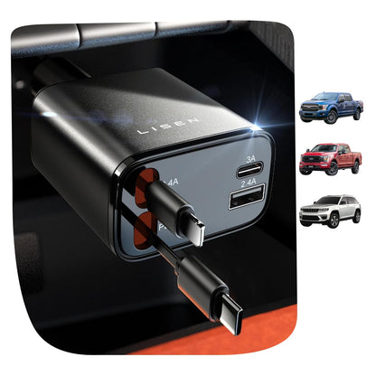 LUXEHAEVEN Retractable Car Charger, 84W Car Charger USB C Fast Charge, 4 in 1