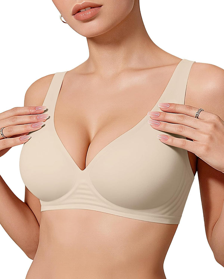 LUXEHAEVEN Womens Jelly Bras Wireless Deep V Bralette Comfy Push Up Tshirt Bras in nude color