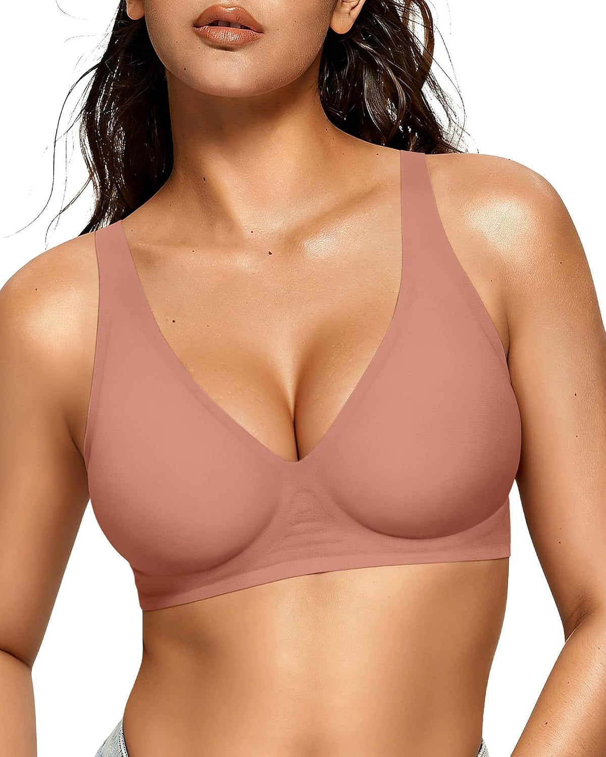 LUXEHAEVEN Womens Jelly Bras Wireless Deep V Bralette Comfy Push Up Tshirt Bras in light pink
