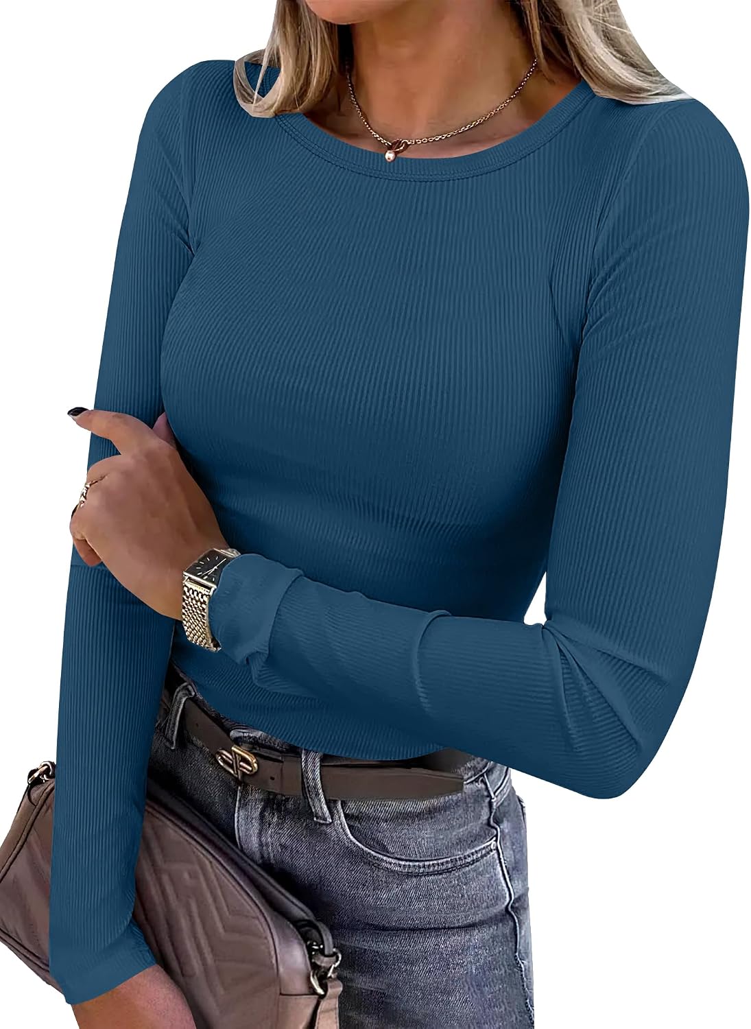LUXEHAEVEN ANRABESS Women Long Sleeve Shirts Ribbed Fitted Tops in blue worn by a model with a handbag.