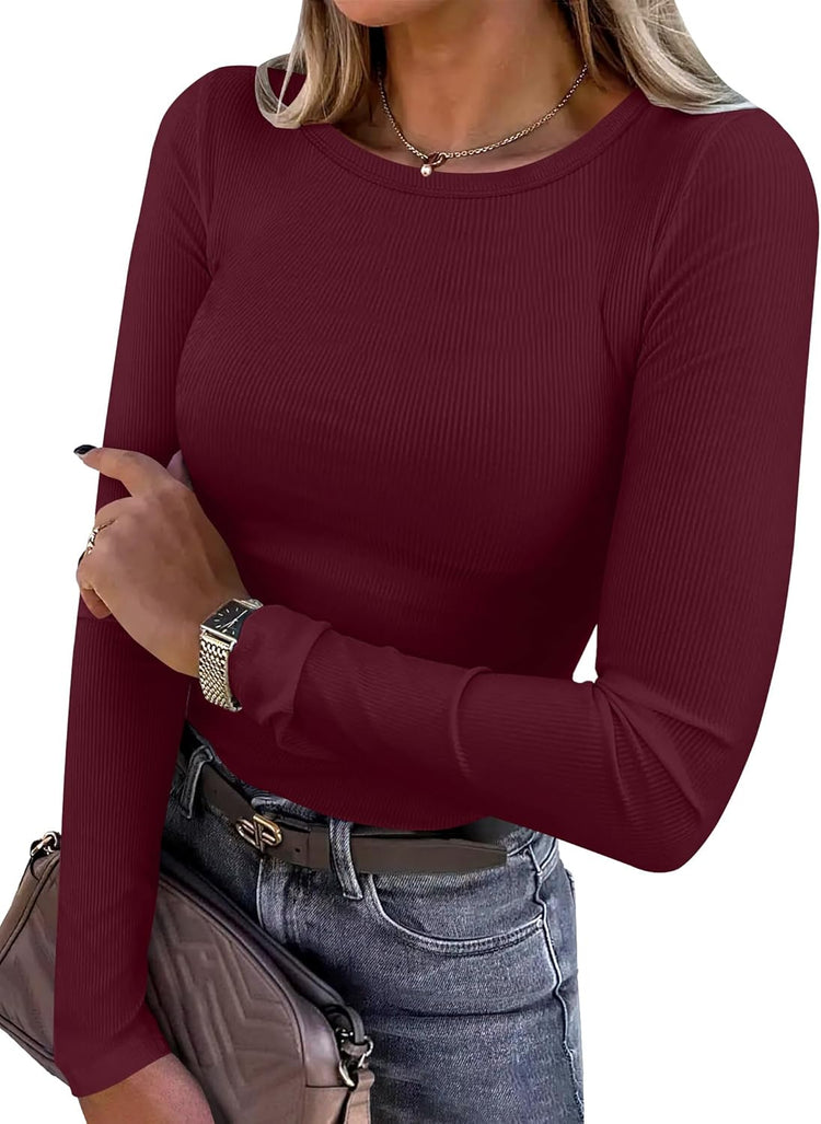 LUXEHAEVEN ANRABESS Women Long Sleeve Ribbed Fitted Top in burgundy, styled for a chic casual look.