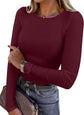 LUXEHAEVEN ANRABESS Women Long Sleeve Ribbed Fitted Top in burgundy, styled for a chic casual look.