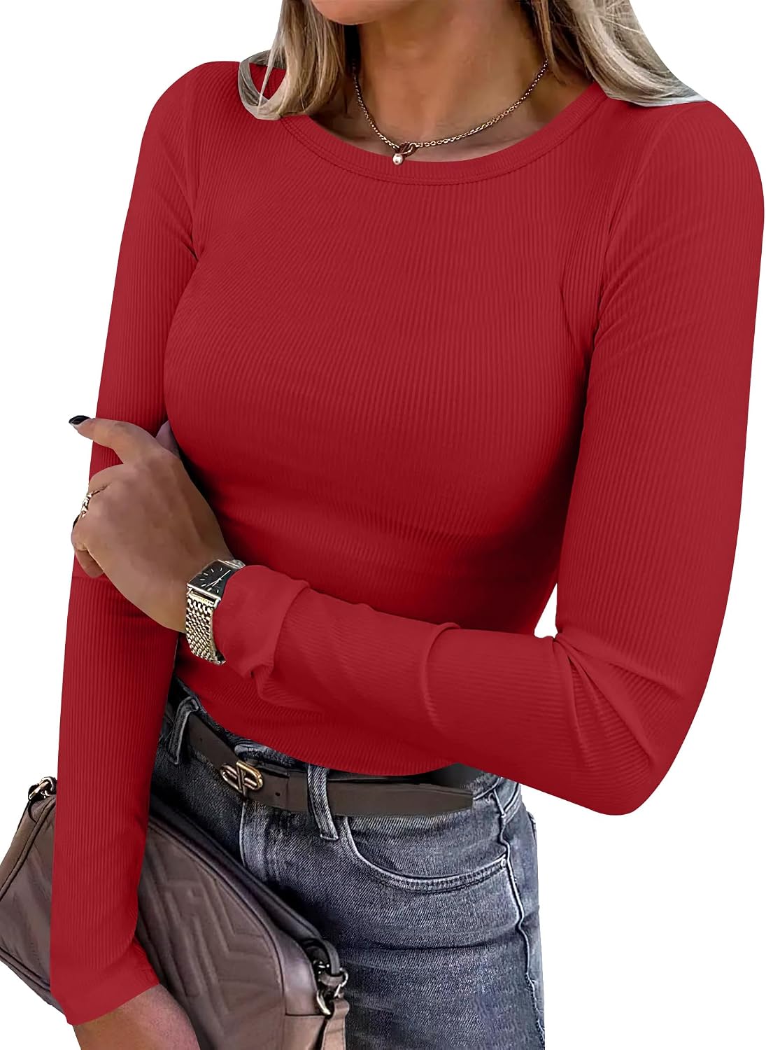 Model wearing LUXEHAEVEN ANRABESS women long sleeve red ribbed fitted top, styled with denim and accessories.
