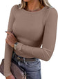 LUXEHAEVEN ANRABESS women long sleeve ribbed fitted top in beige, paired with stylish accessories.