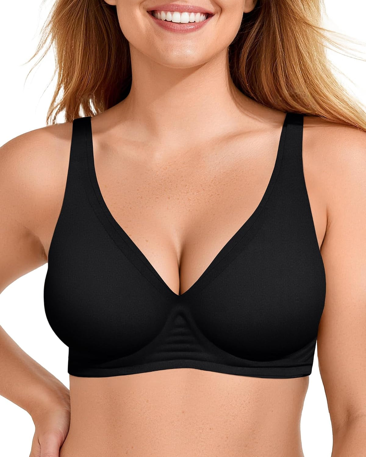 LUXEHAEVEN Womens Jelly Bras Wireless Deep V Bralette model wearing a comfy push-up bralette in black.