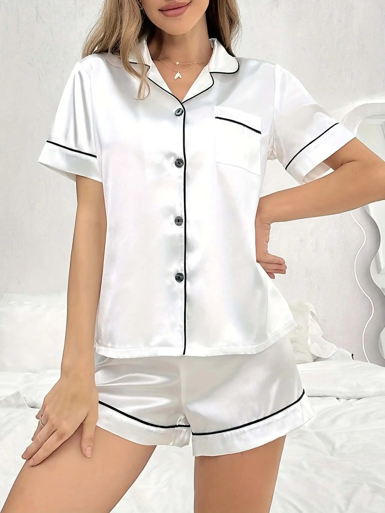 Open-front Buttoned Solid Color Lapel Satin Pajama Set