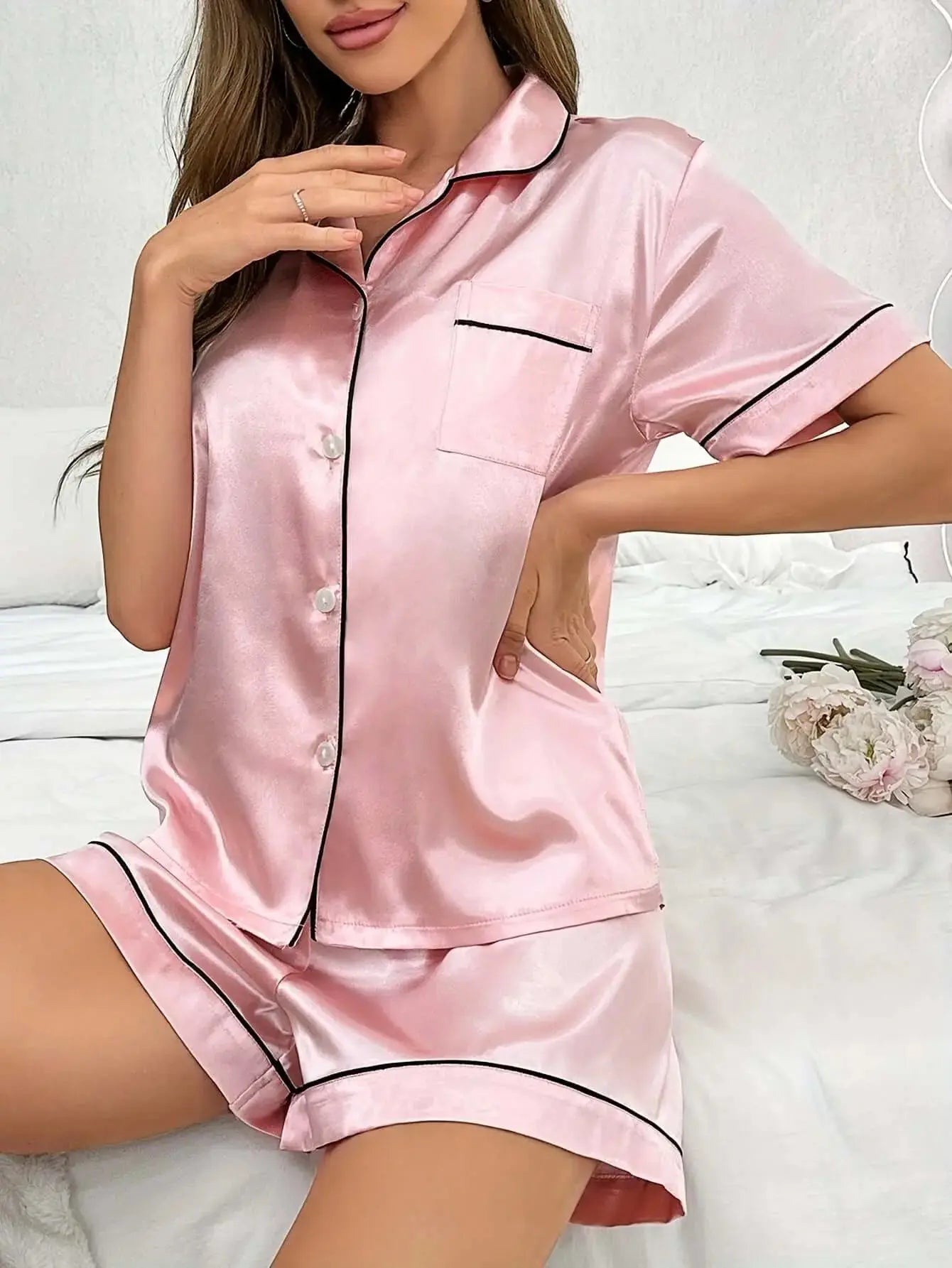 Open-front Buttoned Solid Color Lapel Satin Pajama Set