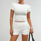 LUXEHAEVEN Solid Color Slim Sports Suit Summer 2Pcs Short-sleeved Round Neck T-shirt And Elastic Shorts Fashion Womens Clothing LuxeHaeven