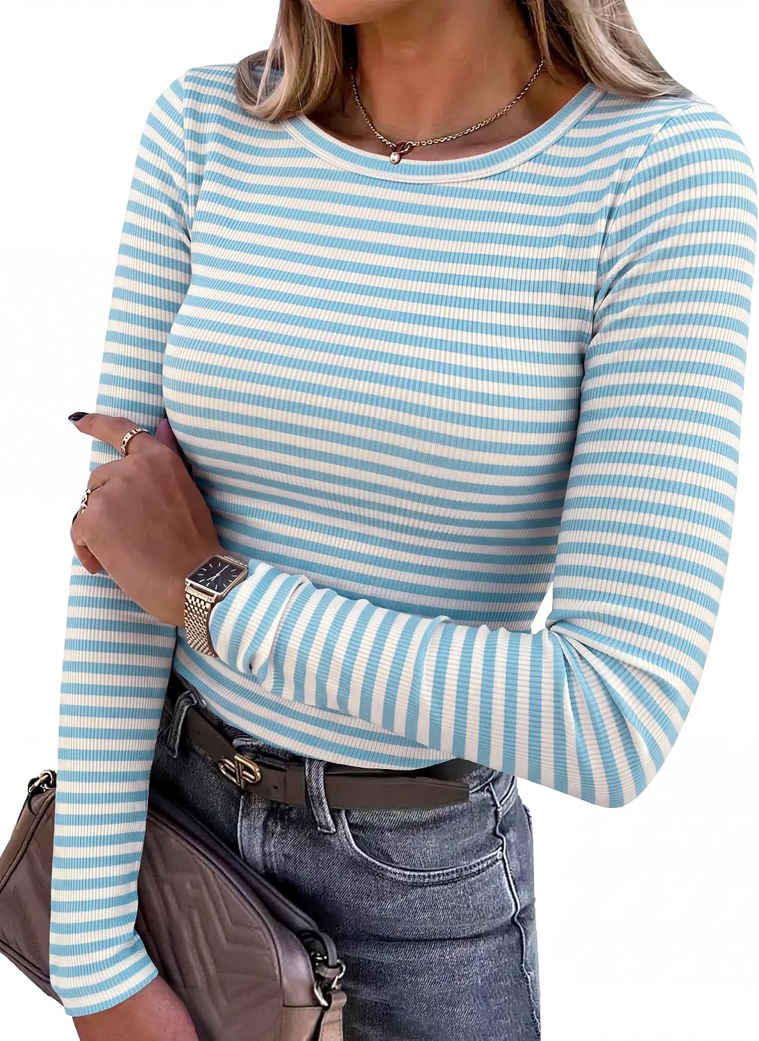 LUXEHAEVEN ANRABESS women long sleeve ribbed fitted top in blue and white stripes, fashionable and stylish.