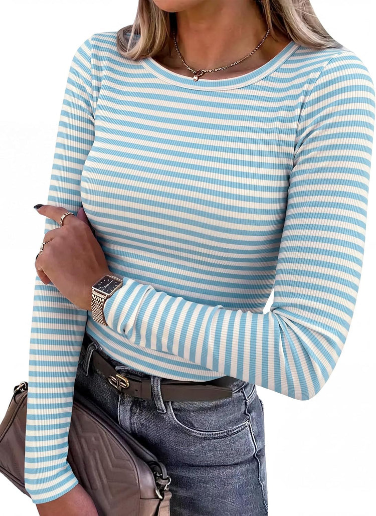 LUXEHAEVEN ANRABESS women long sleeve ribbed fitted top in blue and white stripes, fashionable and stylish.