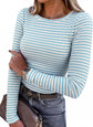 LUXEHAEVEN ANRABESS women long sleeve ribbed fitted top in blue and white stripes, fashionable and stylish.