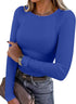LUXEHAEVEN ANRABESS women long sleeve ribbed fitted top in blue worn with stylish accessories.