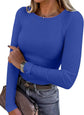 LUXEHAEVEN ANRABESS women long sleeve ribbed fitted top in blue worn with stylish accessories.