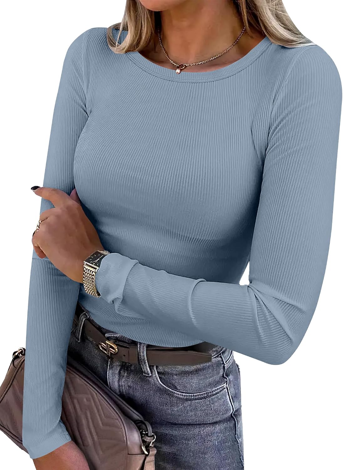 LUXEHAEVEN ANRABESS Women Long Sleeve Shirt in light blue, ribbed fitted top, casual outfit for women.
