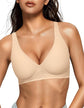 LUXEHAEVEN Womens Jelly Bras Wireless Deep V Bralette Comfy Push Up Tshirt Bras in nude color
