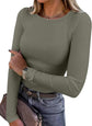 LUXEHAEVEN ANRABESS Women Long Sleeve Shirt in ribbed olive green, fitted style for versatile fashion.