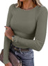 LUXEHAEVEN ANRABESS women long sleeve ribbed fitted top in olive green, styled with denim and a gray handbag.