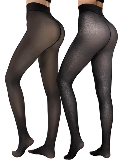 LUXEHAEVEN 2 Pairs Fleece Lined Tights Women - Warm Sheer Pantyhose Fake Translucent Tights Winter Thermal Leggings