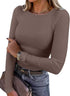 LUXEHAEVEN ANRABESS Women Long Sleeve Shirt in ribbed design, fitted top, worn with a stylish handbag.