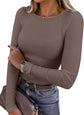 LUXEHAEVEN ANRABESS Women Long Sleeve Shirt in ribbed design, fitted top, worn with a stylish handbag.