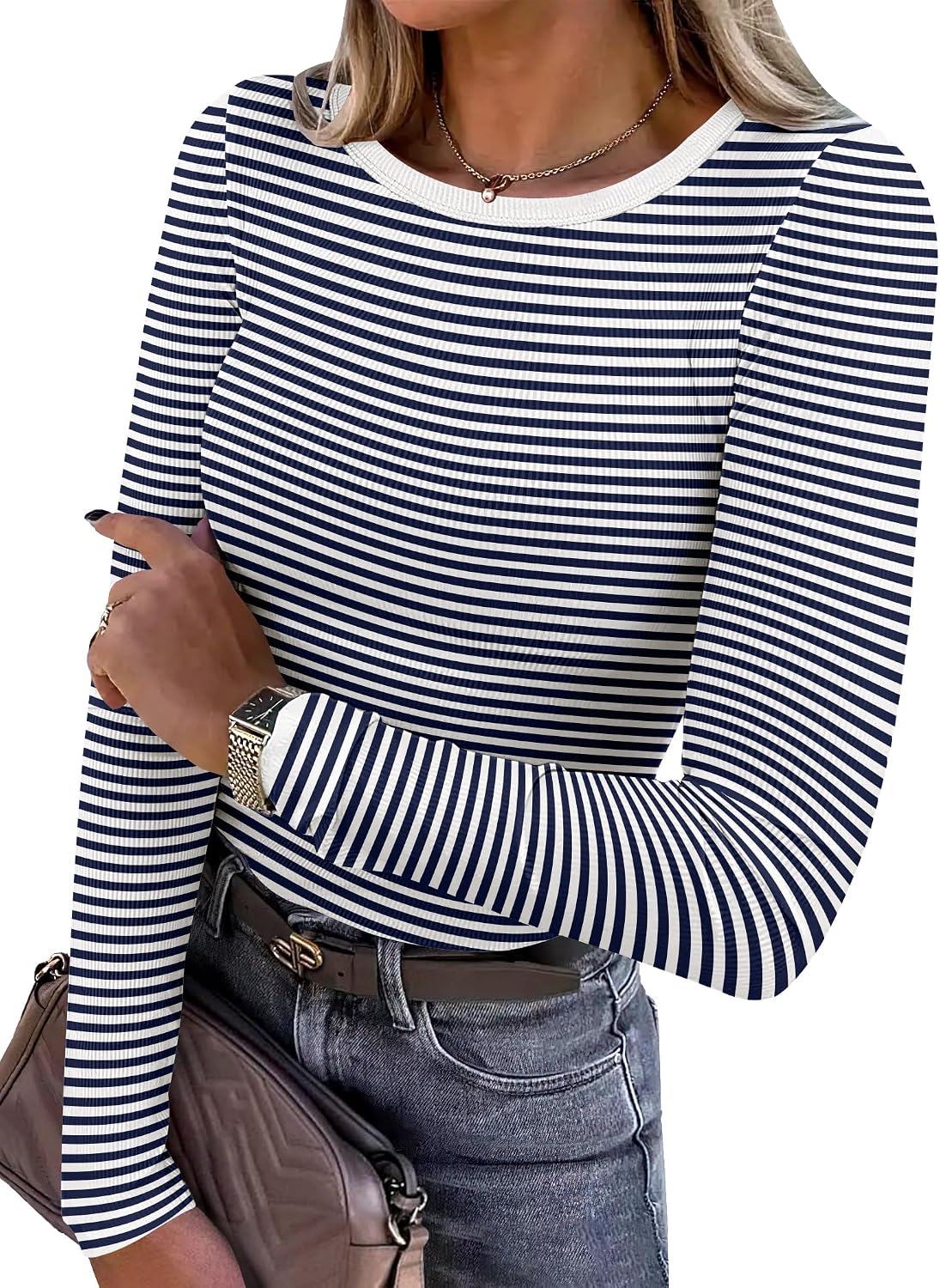 LUXEHAEVEN ANRABESS Women Long Sleeve Shirts Ribbed Fitted Tops in navy and white stripes