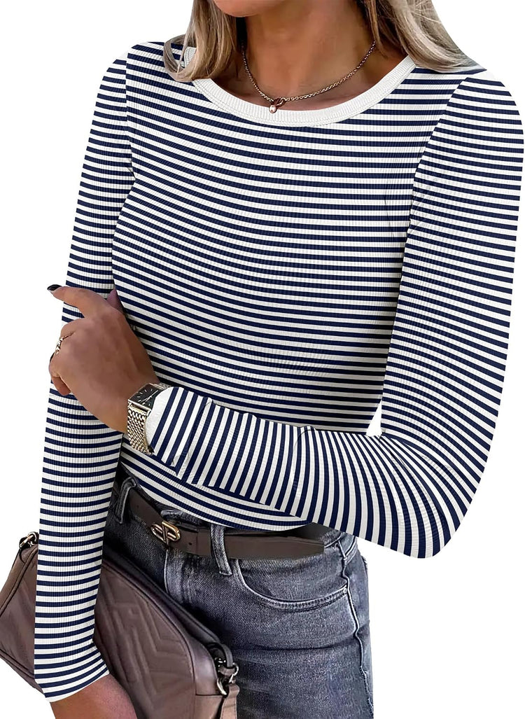 LUXEHAEVEN ANRABESS Women Long Sleeve Shirts Ribbed Fitted Tops in navy and white stripes
