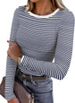 LUXEHAEVEN ANRABESS Women Long Sleeve Shirts Ribbed Fitted Tops in navy and white stripes