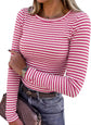 Woman wearing LUXEHAEVEN ANRABESS long sleeve ribbed fitted top with pink and white stripes.