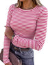 LUXEHAEVEN ANRABESS women long sleeve ribbed fitted top in pink and white stripes, styled with a handbag.