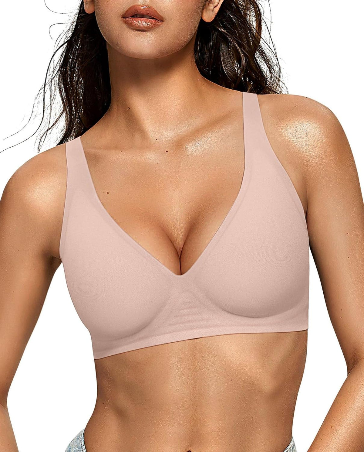 LUXEHAEVEN Womens Jelly Bra in soft pink color, featuring wireless deep V design and comfy push-up style for t-shirt wear.