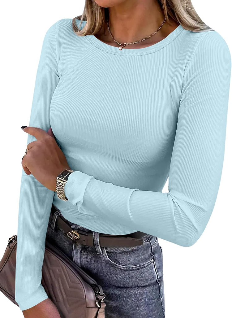 LUXEHAEVEN ANRABESS Women Long Sleeve Ribbed Fitted Top in Light Blue, perfect for stylish casual wear.