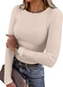 LUXEHAEVEN ANRABESS women wearing a ribbed fitted long sleeve shirt in beige color.