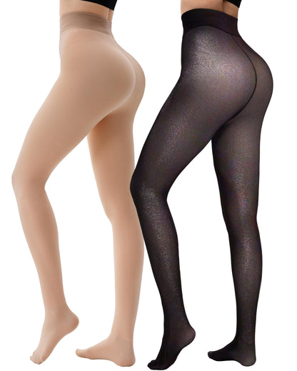 LUXEHAEVEN 2 Pairs Fleece Lined Tights Women - Warm Sheer Pantyhose Fake Translucent Tights Winter Thermal Leggings