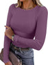 LUXEHAEVEN ANRABESS women wearing a purple long sleeve ribbed fitted top with jeans and a handbag.