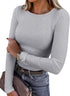 LUXEHAEVEN Women Long Sleeve Ribbed Fitted Tops in grey, stylish and comfortable for everyday wear.