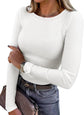 LUXEHAEVEN ANRABESS women wearing a fitted white long sleeve ribbed shirt, showcasing a stylish casual look.