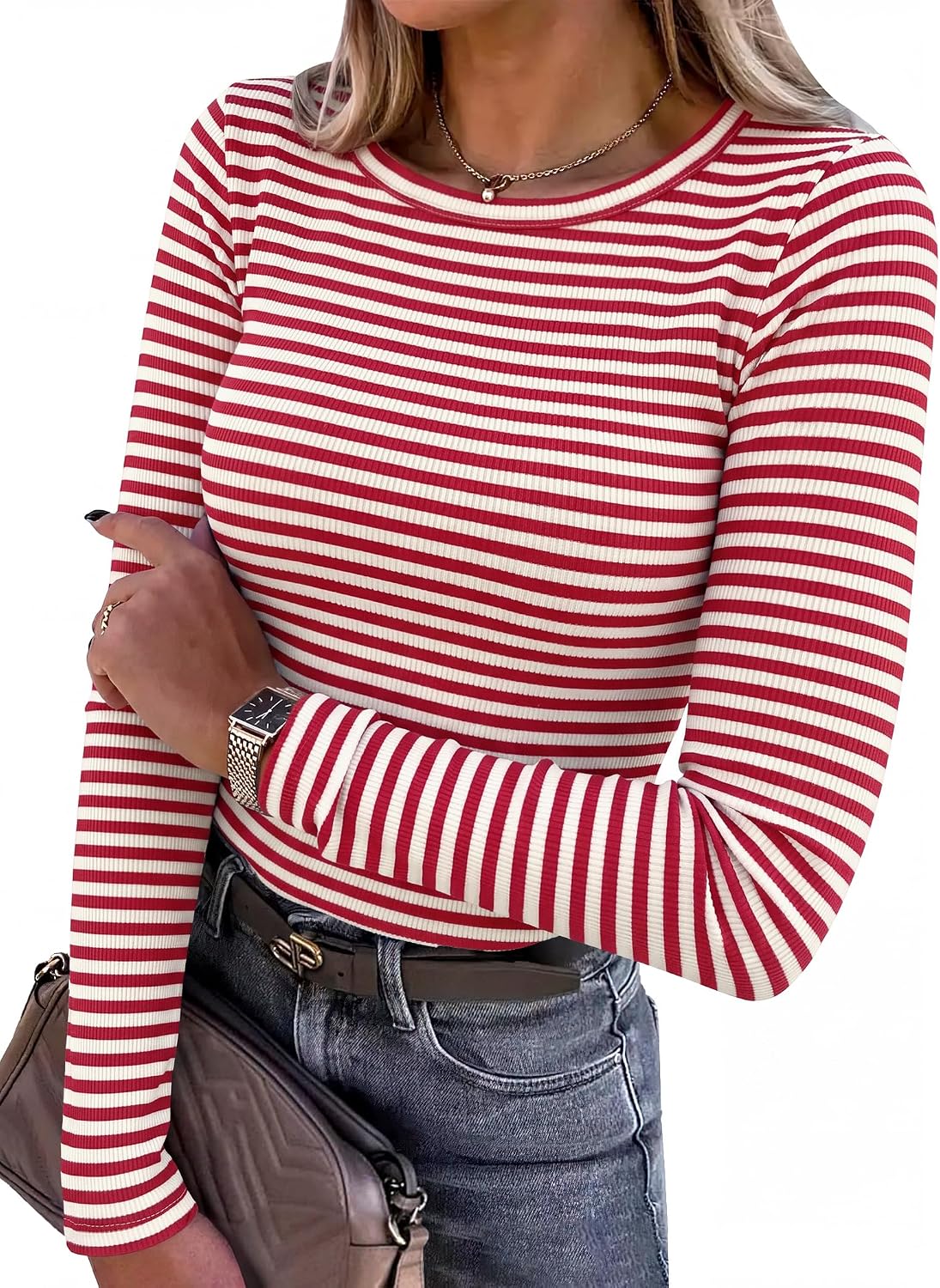 Model wearing LUXEHAEVEN ANRABESS women long sleeve ribbed fitted top with red and white stripes