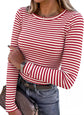 Model wearing LUXEHAEVEN ANRABESS women long sleeve ribbed fitted top with red and white stripes