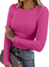 LUXEHAEVEN ANRABESS Women Long Sleeve Shirt in vibrant pink ribbed fabric, stylish fitted top with casual streetwear vibe.