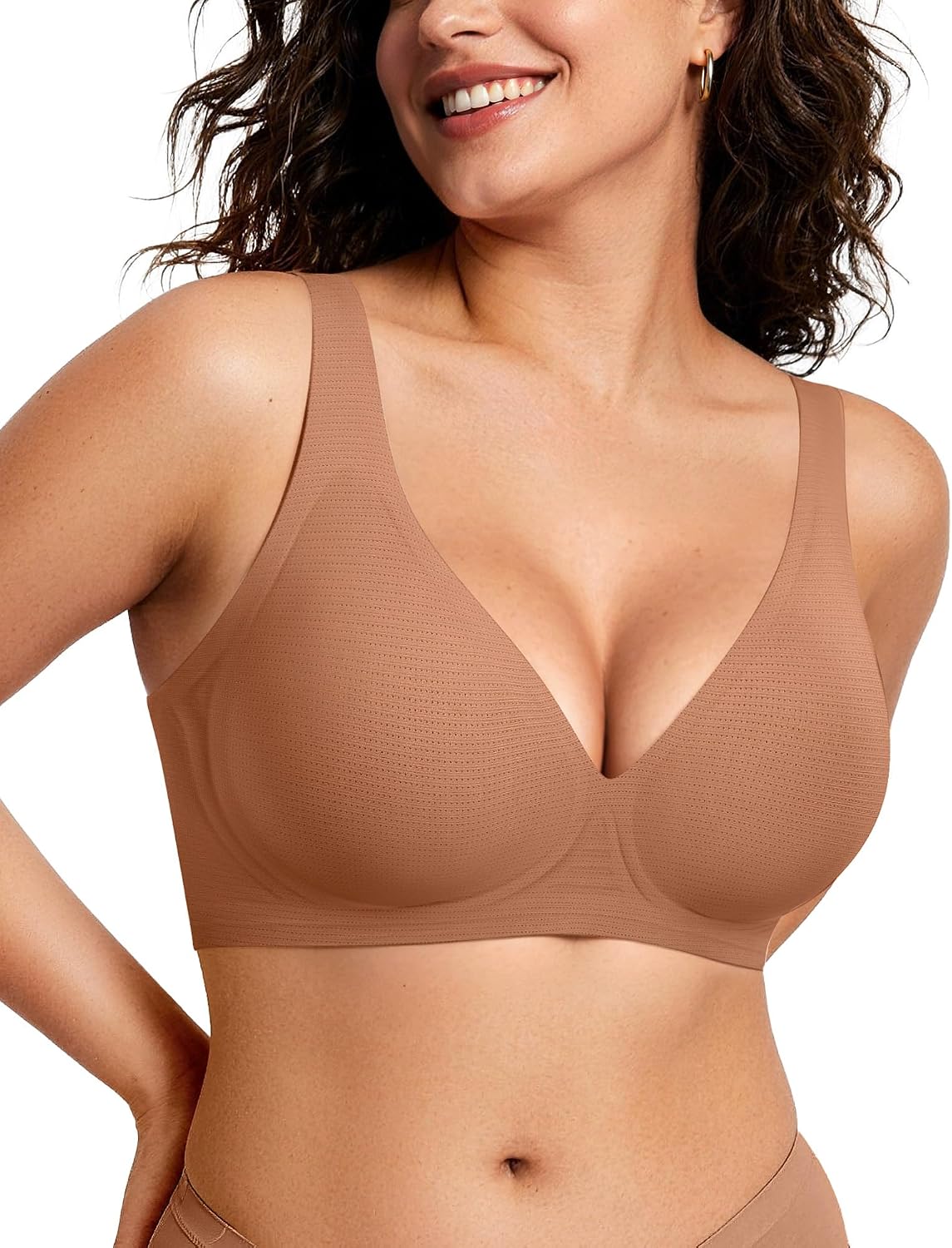 LUXEHAEVEN Womens Jelly Bra in brown, wireless deep V bralette, comfy push-up t-shirt bra for everyday wear.