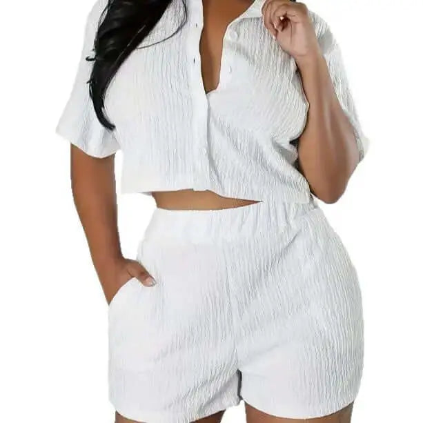 LUXEHAEVEN Fashionable Casual Short-Sleeve Shirt Set Single-Breasted Solid Color Pleated Two-Piece Suit LuxeHaeven